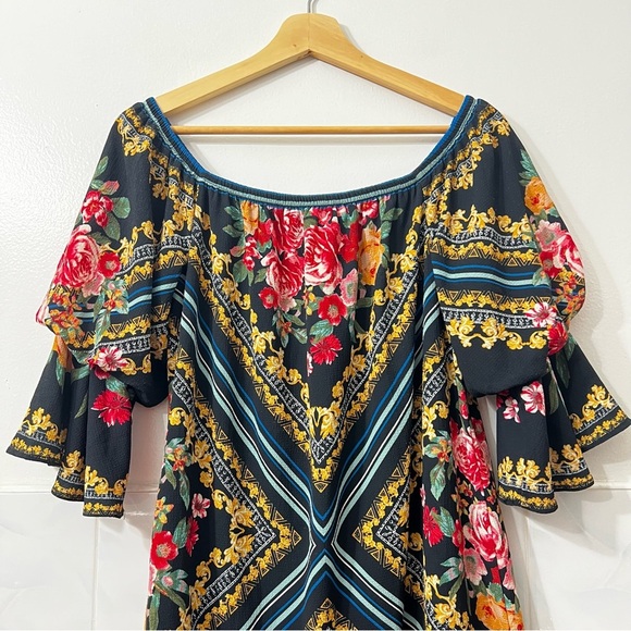 Pookie & Sebastian M Dark Floral Geometric Boho Ruffled Off Shoulder Mini Dress - Picture 2 of 7